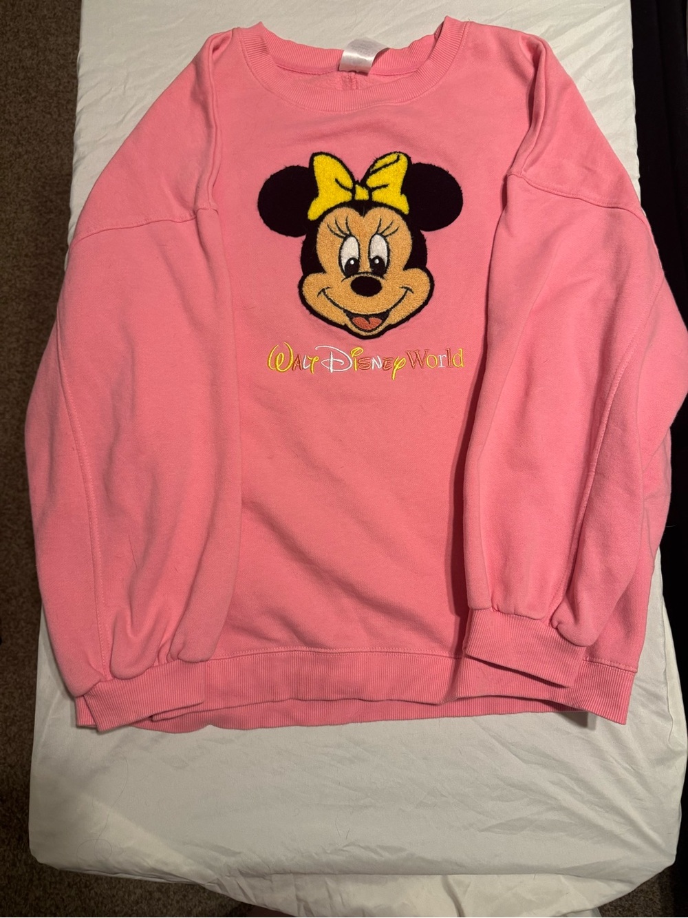2026 Parks Disney World Embroidered Minnie Mouse Pink Crewneck Sweater